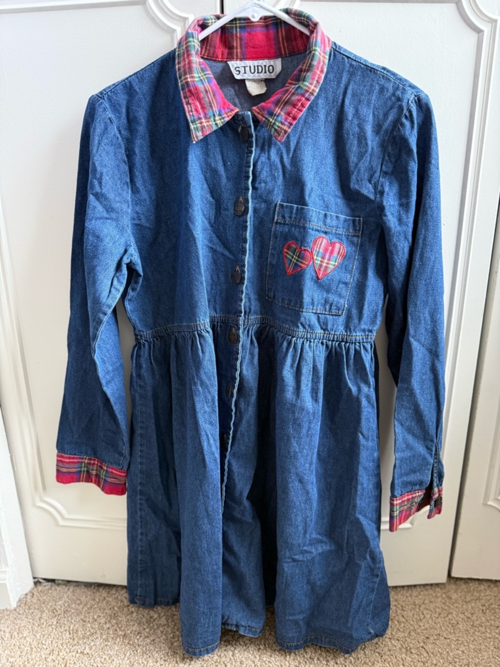 Vintage STUDIO Denim Button-Front Dress with Plaid Trim